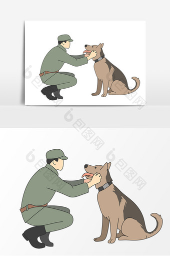 手绘军人与军犬卡通元素图片