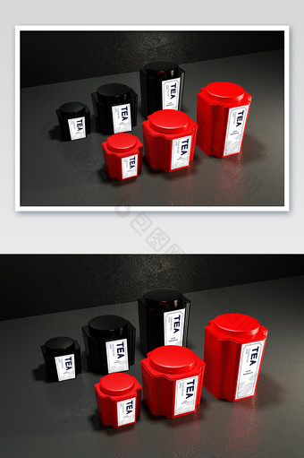 黑色红色哑光茶叶罐包装样机图片