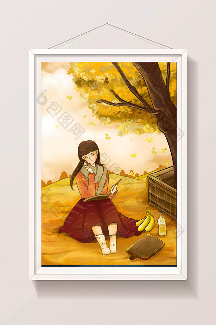 手绘风节气秋天坐在落叶中看书的女生插画