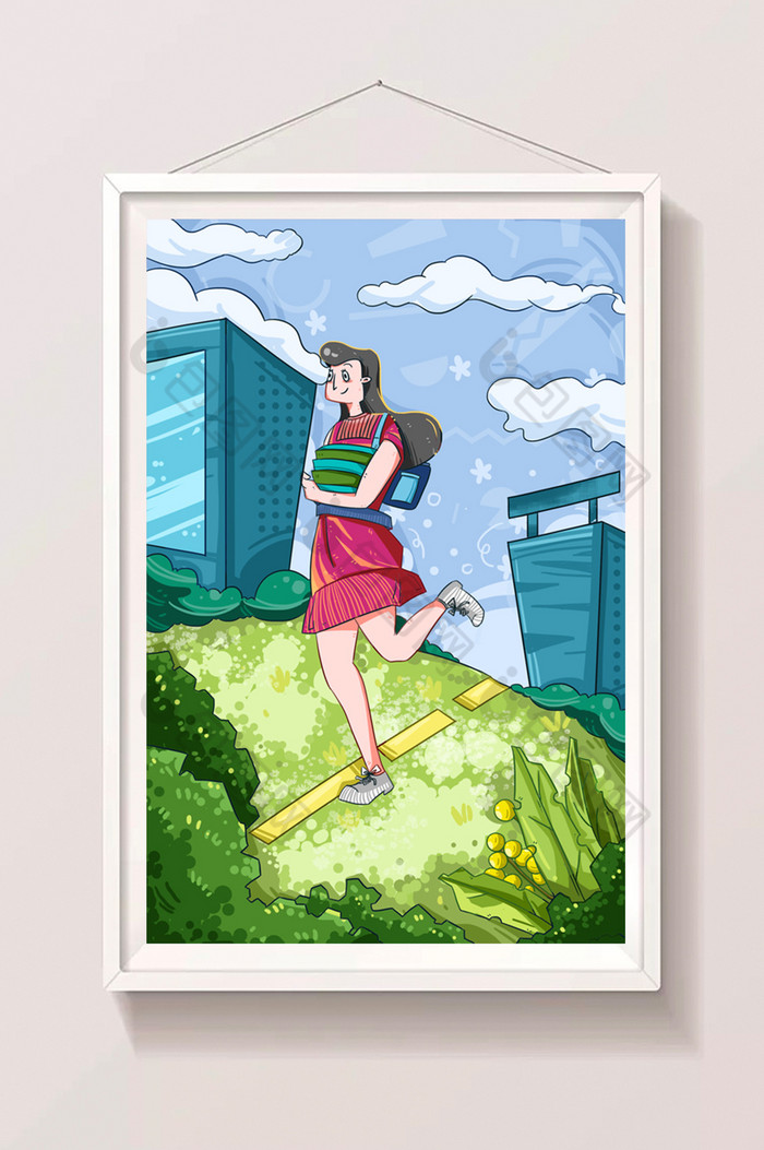 涂鸦风开学季草坪灌木中上学女生插画图片图片
