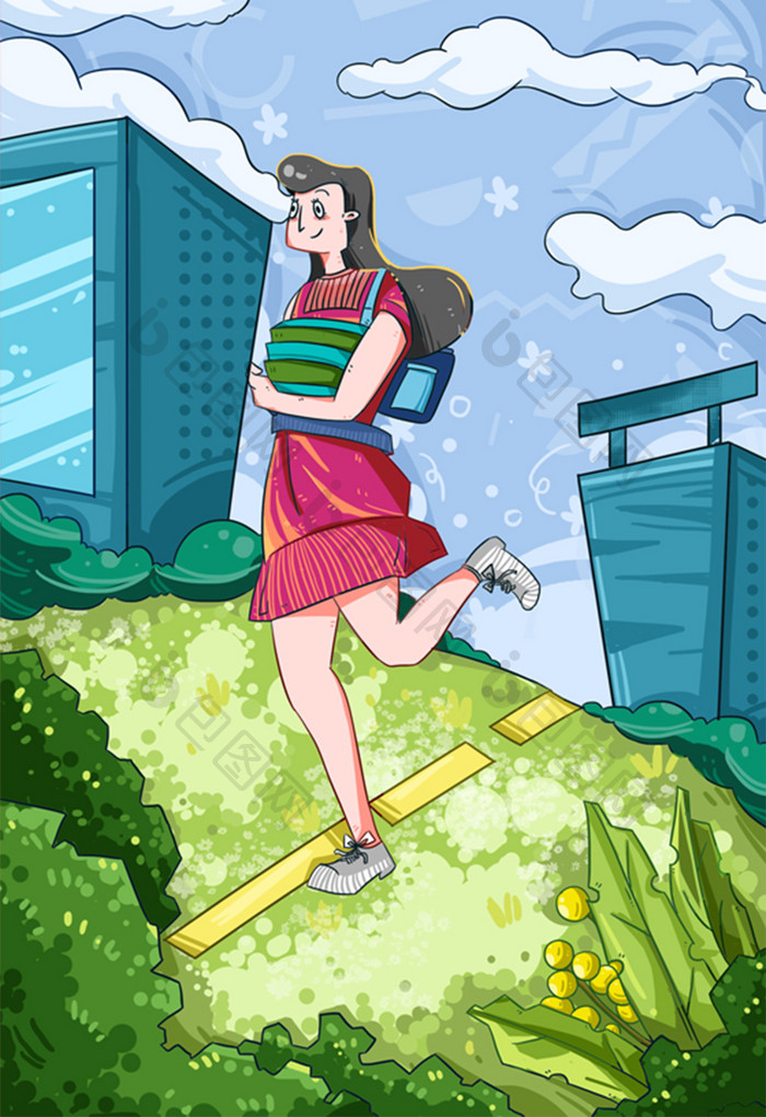 小清新涂鸦风开学季草坪灌木中上学女生插画