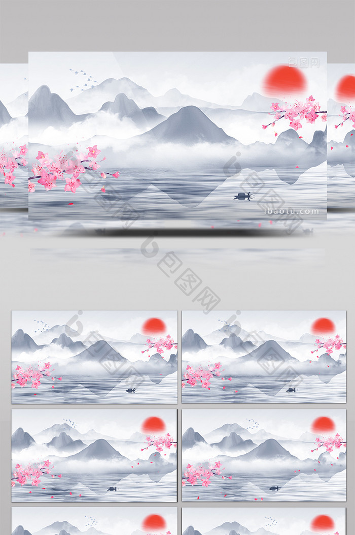 中国风水墨山水梅花花瓣动画标题素材背景