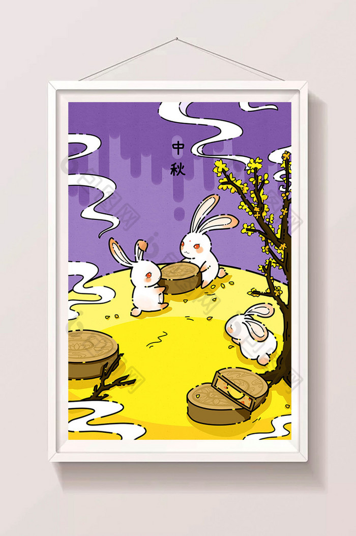 中秋节兔子月亮吃月饼插画图片图片