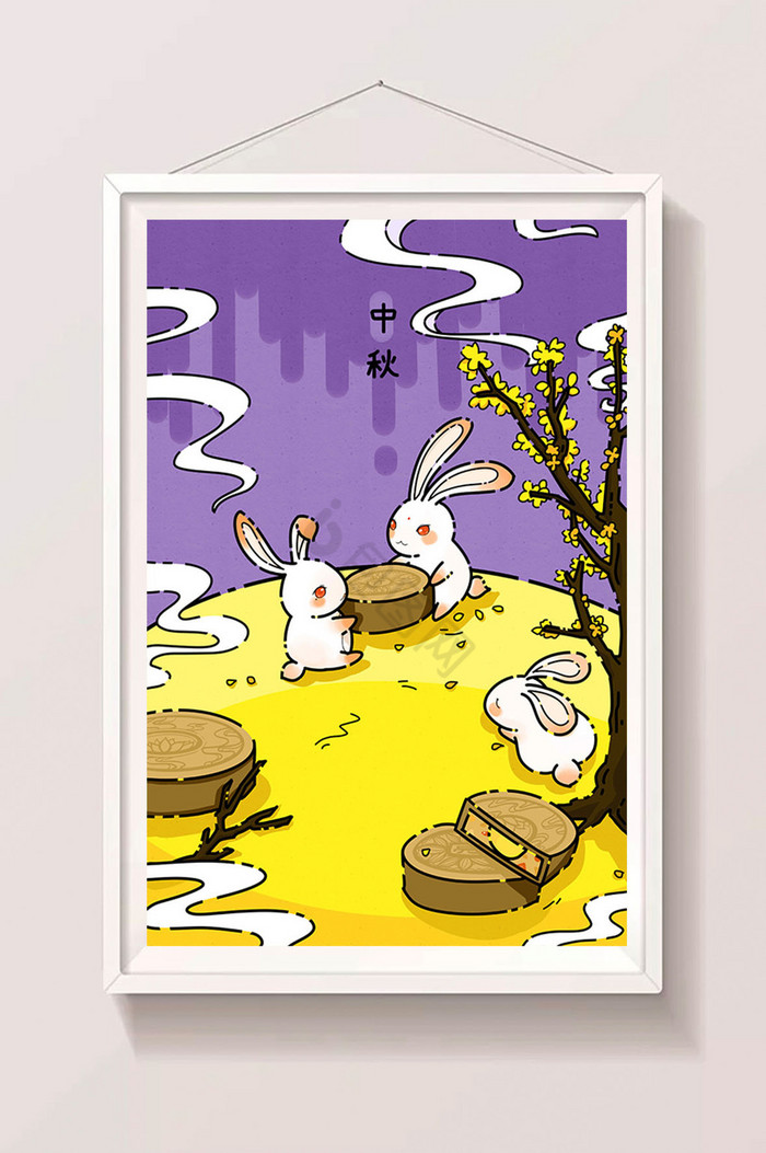 中秋节兔子月亮吃月饼插画图片