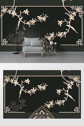 中国风玉兰花雕刻背景墙图片