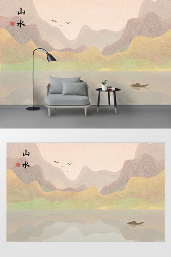 国风山水手绘意境水墨沙发背景墙图片