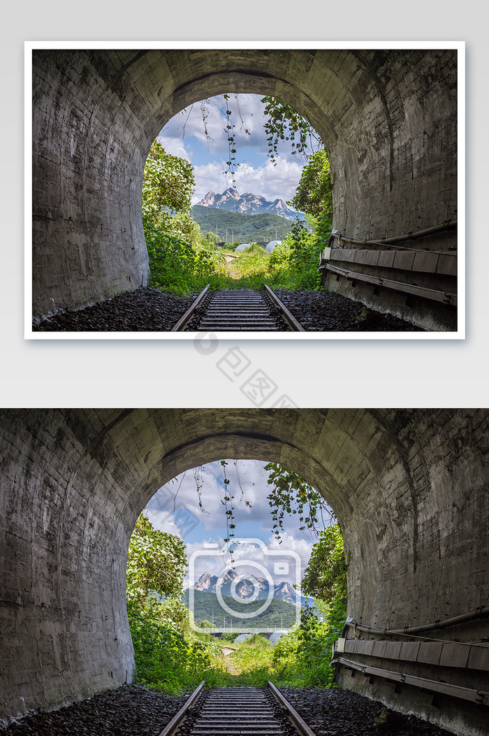 隧道后的雪山和生机勃勃的植物图片图片
