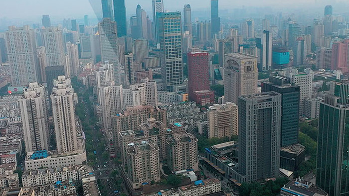 航拍南京城市地标紫峰大厦近景城市大景