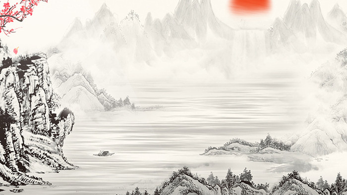 中国风复古水墨山水梅花动画标题素材背景