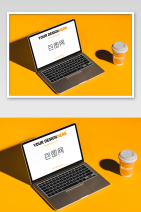 黄色桌面笔记本电脑橙色咖啡杯海报样机