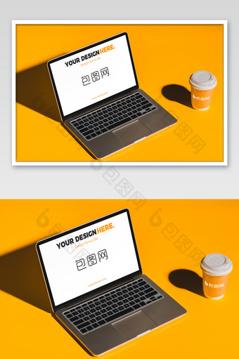 黄色桌面笔记本电脑橙色咖啡杯海报样机图片