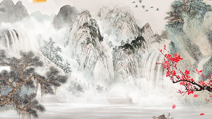 复古中国风水墨山水梅花动画素材背景特效