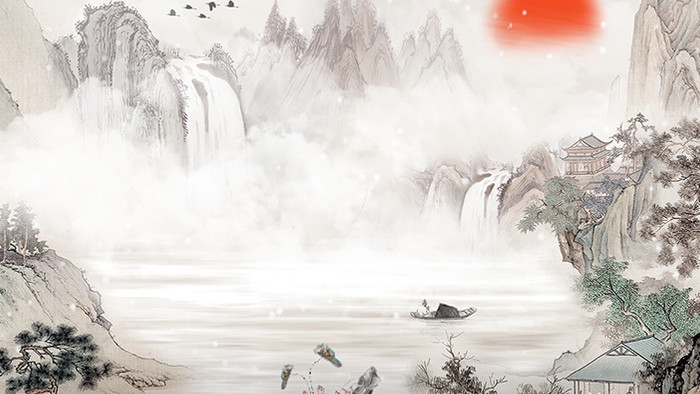中国风下雪水墨山水动画素材背景特效视频