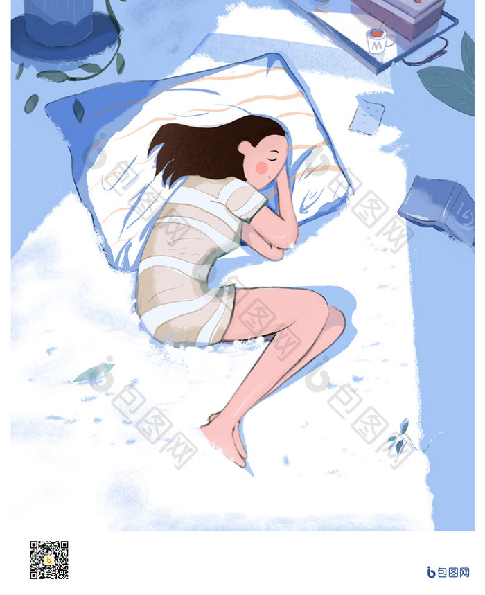 八月蓝白清新唯美房间女孩睡觉插画手机海报