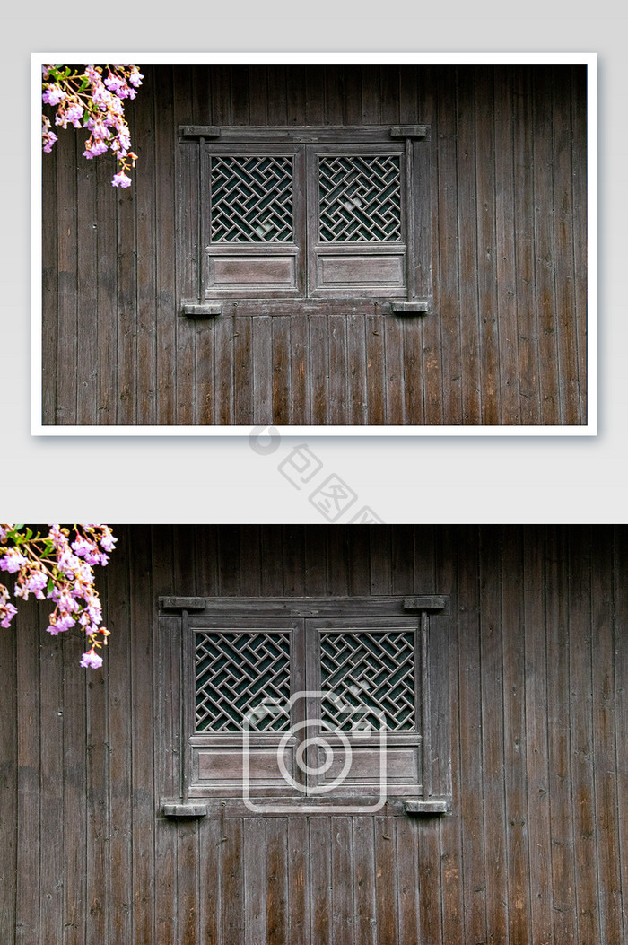 中式木制闺房两门雕花手推窗摄影图