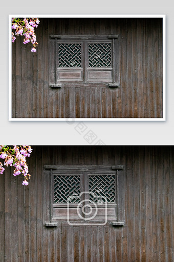 中式木制闺房两门雕花手推窗摄影图图片
