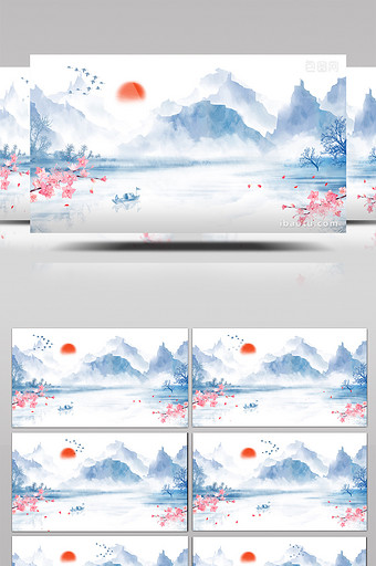 唯美中国风水墨山水梅花动画标题素材背景图片