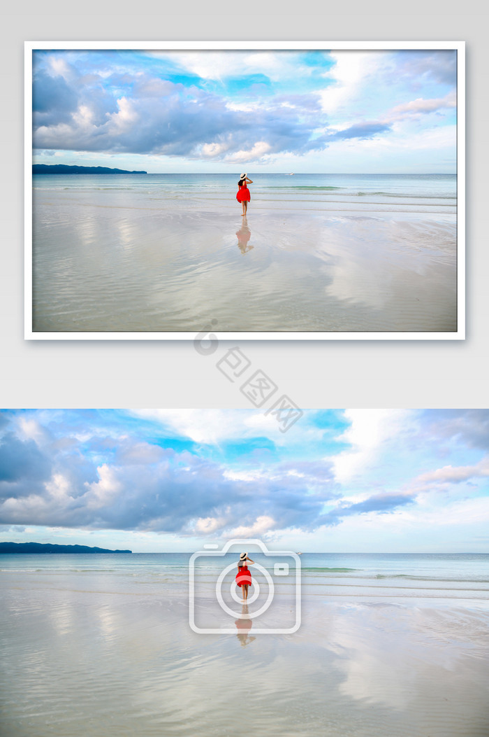 沙滩美女背影小红裙图片
