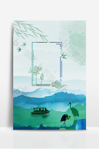 绿色山水丹顶鹤海报背景图片