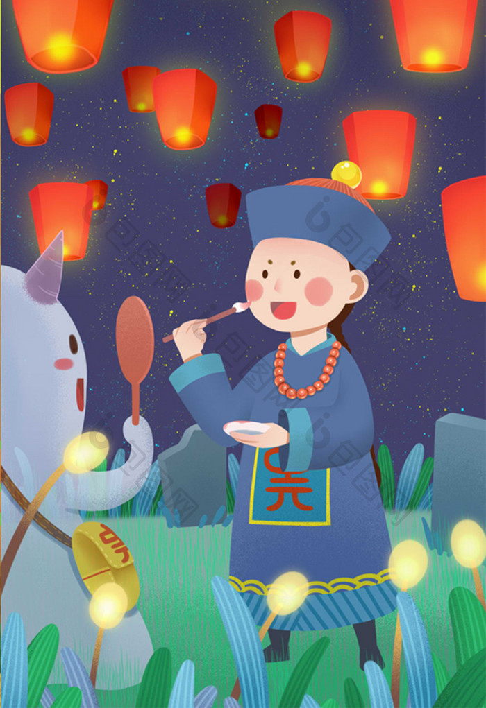 中元鬼节七月半传统节日僵尸幽灵孔明灯插画