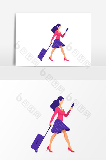 简约卡通拉着手提箱看手机的女人装饰元素图片