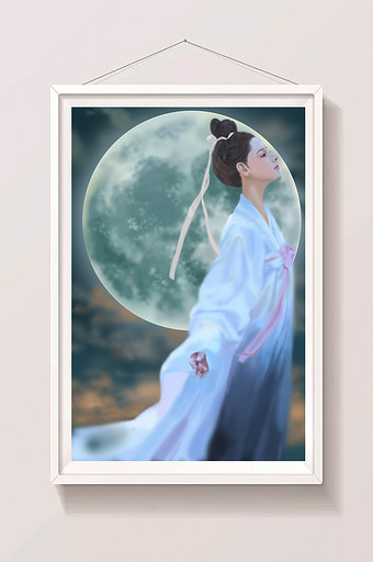 蓝色唯美梦幻古风嫦娥中秋节插画图片