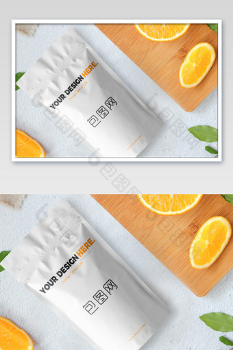橙子橙汁水果场景背景软包装袋样机图片