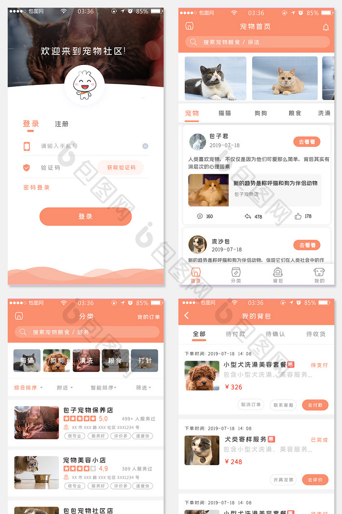 宠物app预约橙色扁平简约全套移动界面