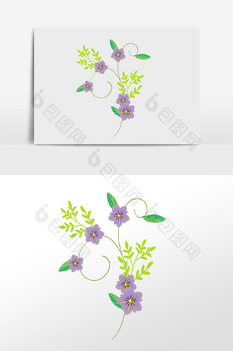 手绘绿色植物紫色小花花藤插画图片