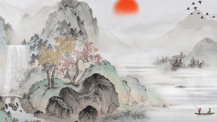 梦幻复古中国风水墨山水动画标题素材背景