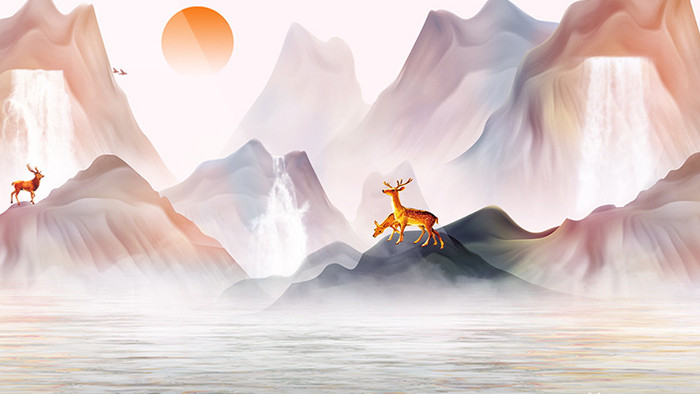 中国风水墨山水麋鹿动画标题素材背景视频