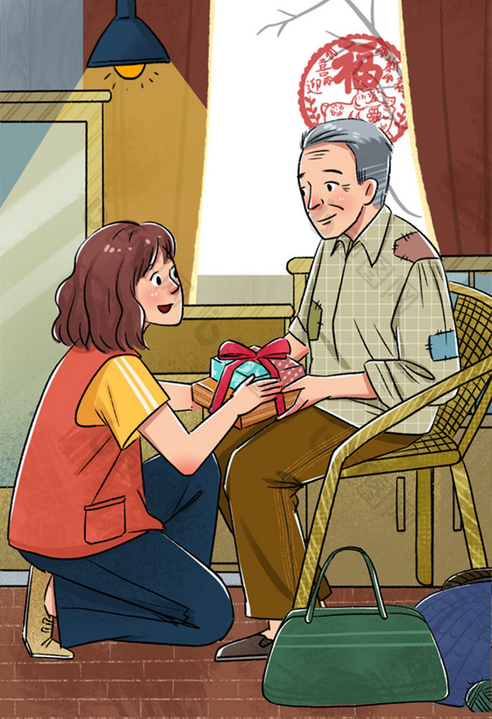 暖色温馨国际慈善日关爱老人志愿者行动插画