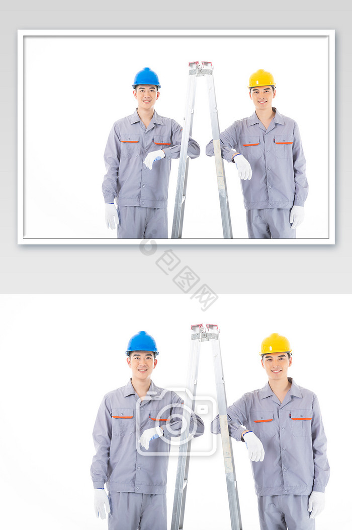 售后维修工程师靠着梯子站立图片