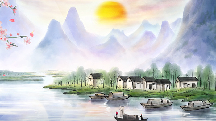 中国风彩色水墨山水梅花动画素材背景特效