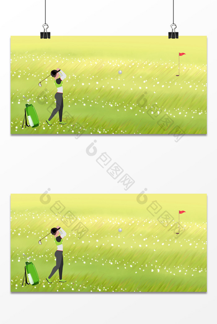 绿色卡通高尔夫运动草坪广告海报背景图