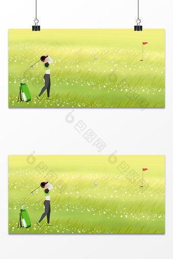 绿色卡通高尔夫运动草坪广告海报背景图图片
