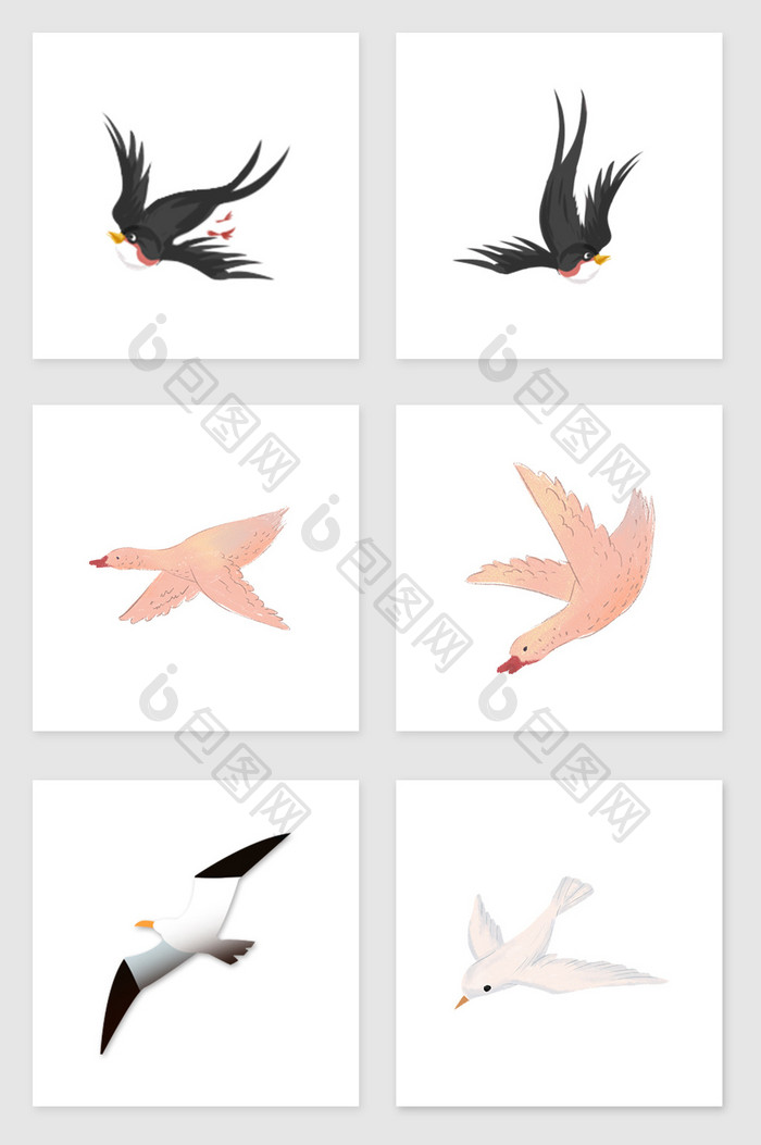 手绘飞翔的鸟套图插画元素