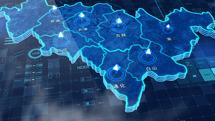 吉林地图描边城市标记点辐射三维AE模板