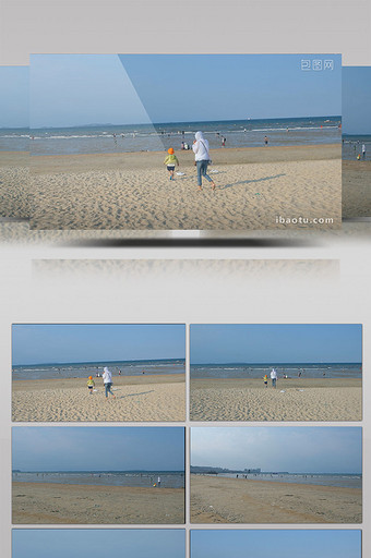 夏天沙滩海边大海旅游母子亲子散步玩耍海浪图片