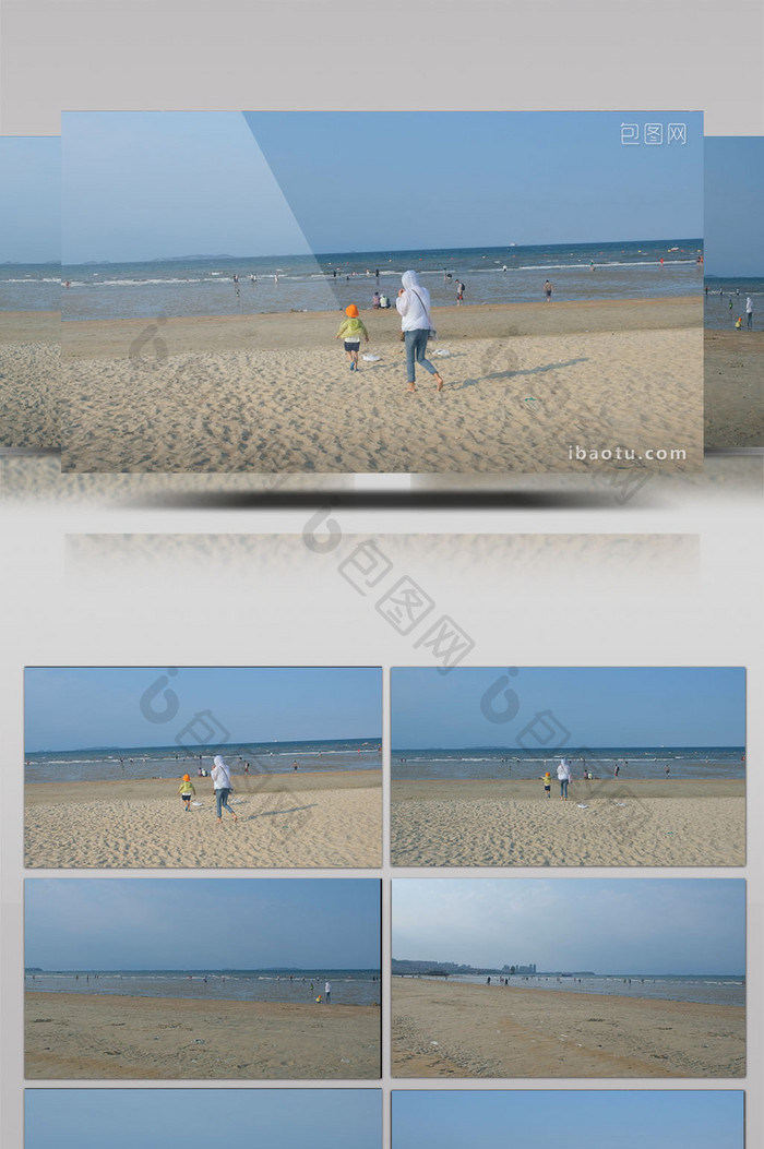 夏天沙滩海边大海旅游母子亲子散步玩耍海浪