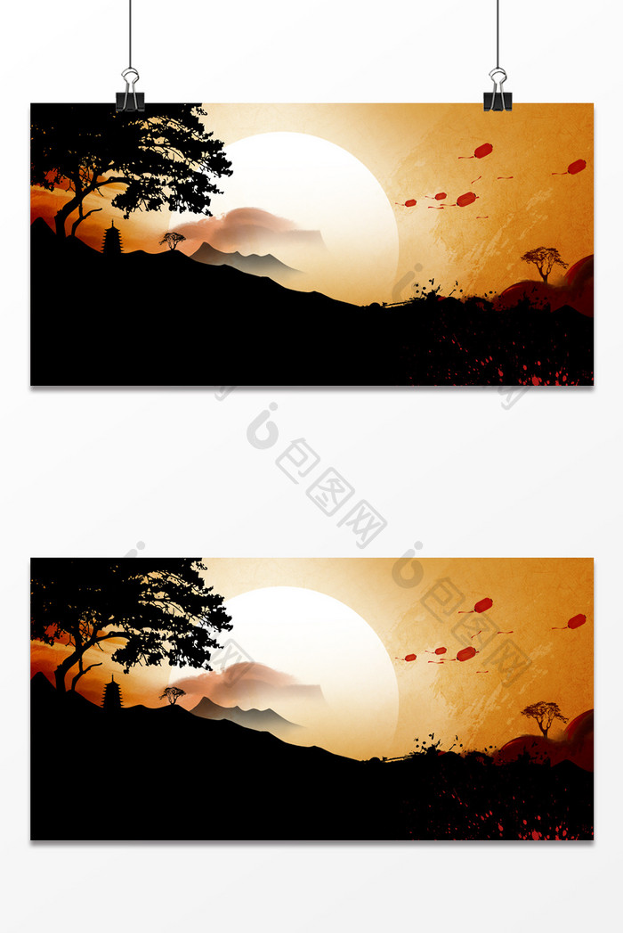 复古中国风夕阳建筑风景装饰背景图