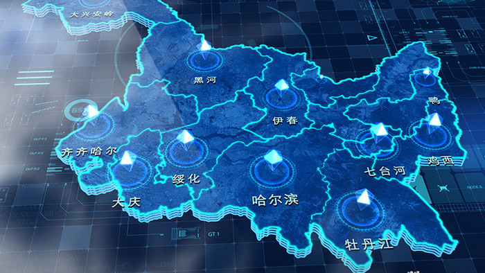 黑龙江地图描边城市标记辐射三维AE模板