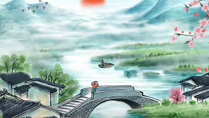 中国风复古唯美水墨山水梅花动画素材背景