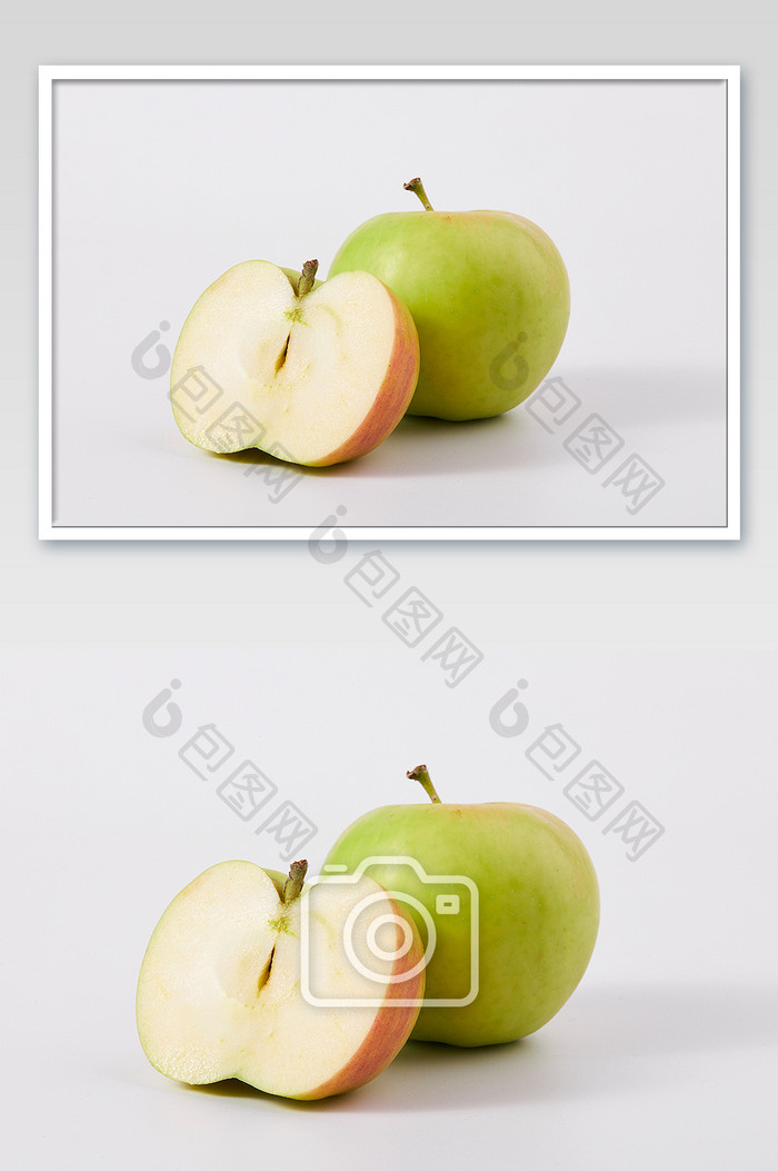 绿色青苹果新鲜水果切开白底美食摄影图片