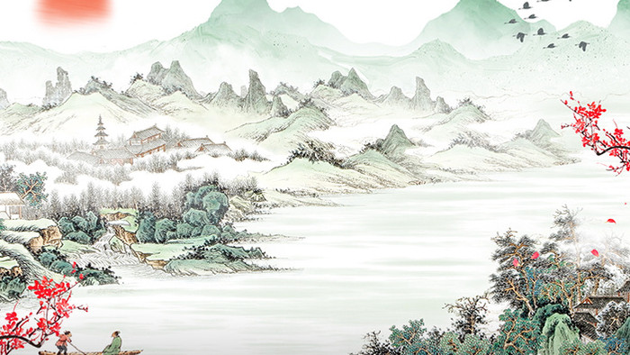 中国风复古水墨山水梅花动画特效素材背景
