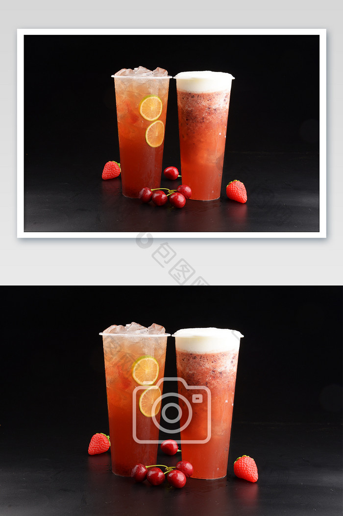 清凉的的草莓水果茶 草莓奶盖茶摄影图