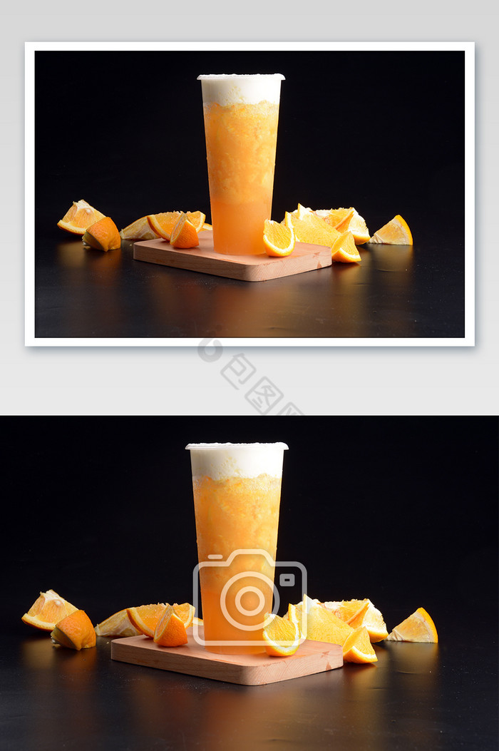 冰爽香橙子奶盖茶摄影图图片