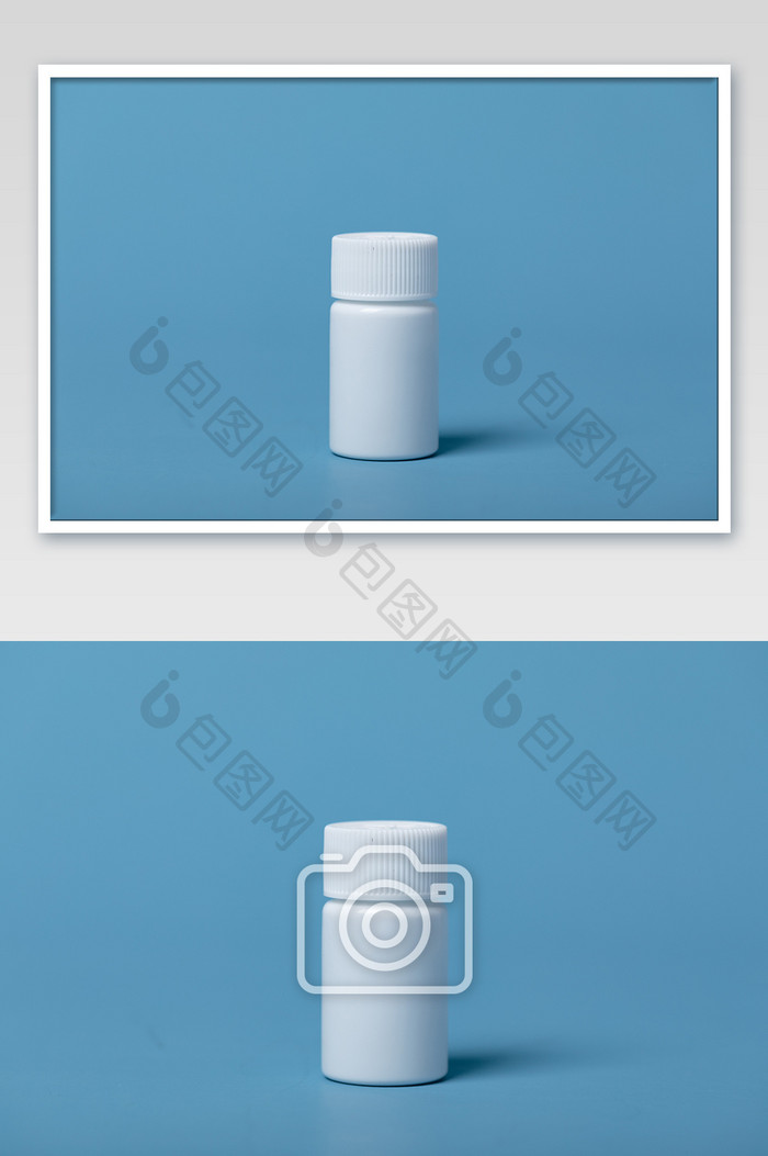 一瓶白色的药瓶在蓝色背景上