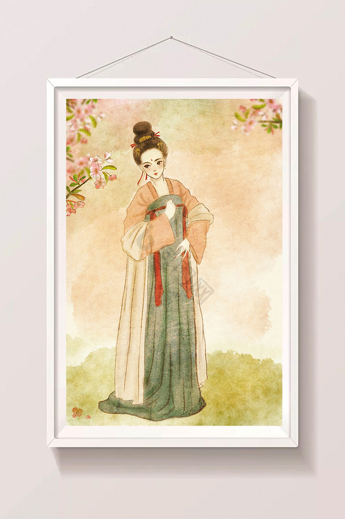 水墨古风海棠花唐朝仕女插画图片