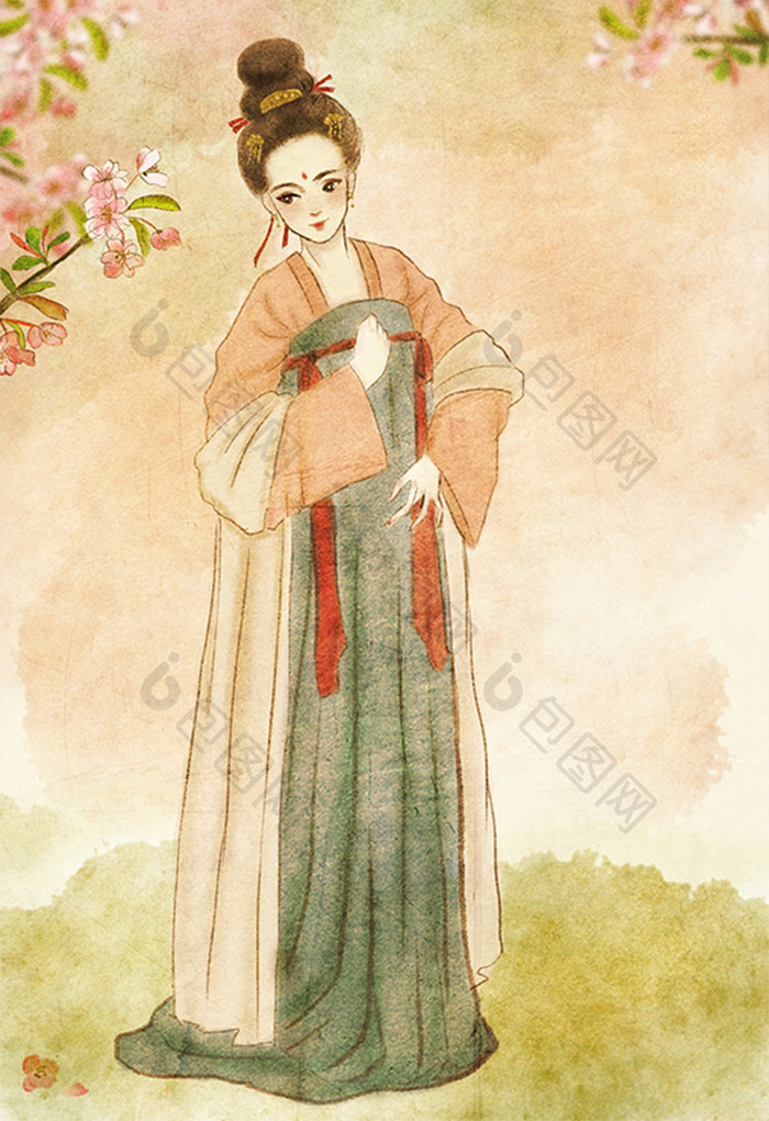 水彩水墨中国风古风手绘海棠花唐朝仕女插画